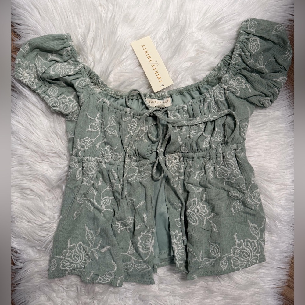 NWT Thirty Thirty Sage Green Embroidered Puff Sleeve Tie Blouse XS